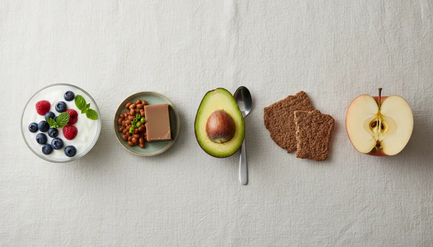 Flat-lay of contrasting food textures including avocado, crispy toast, agar jelly, natto and yogurt on a white surface