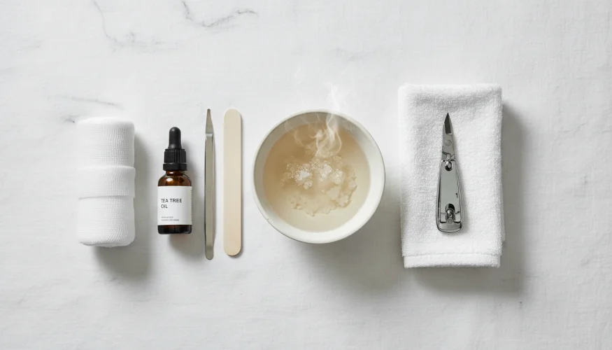 Set voor thuisverzorging bij een ingegroeide teennagel – zeezout, tea tree olie, gaas en nagelschaar