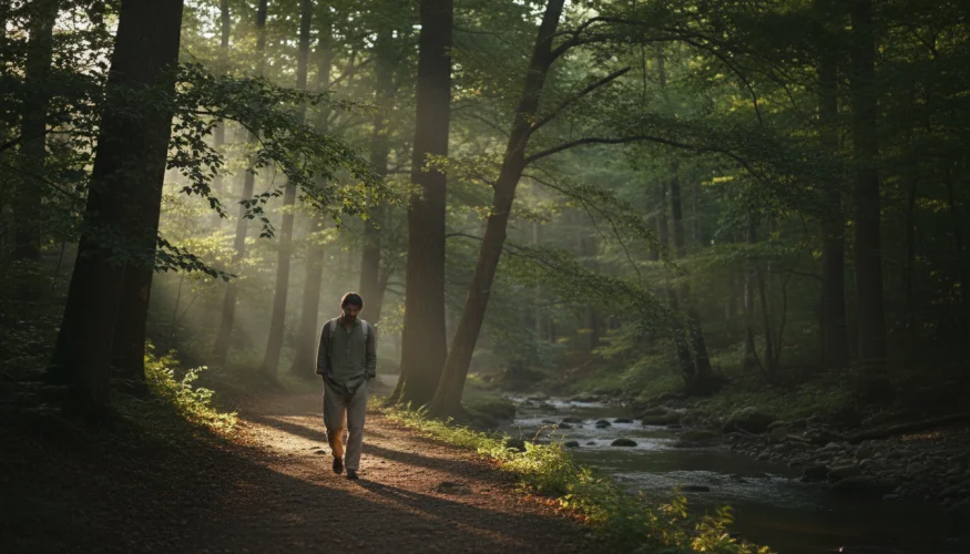 Ein Mensch, der bei Morgenlicht durch einen stillen Wald spaziert
