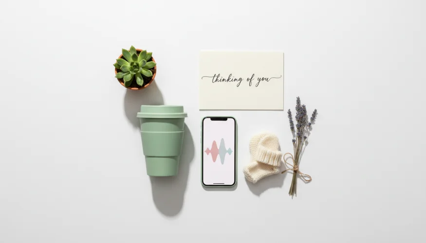 Flat-lay of friendship care items and baby essentials symbolising staying connected after a baby arrives