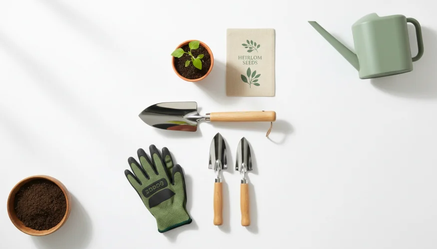 Attrezzi e accessori da giardino in composizione product flat-lay