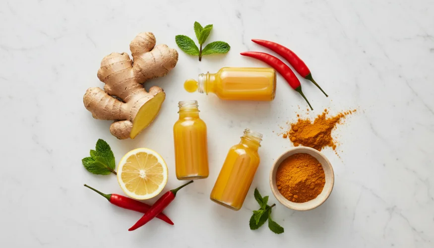 Shot allo zenzero con zenzero fresco, limone e peperoncino in una composizione flat-lay