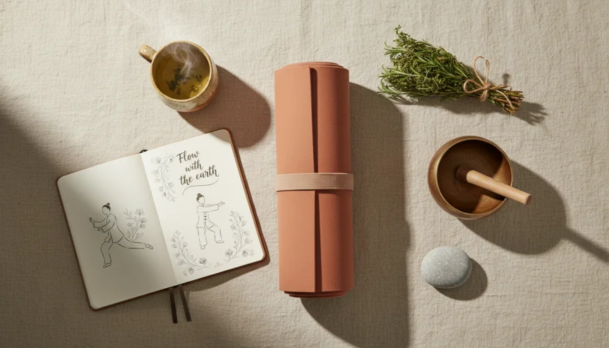 Flat-lay of yoga mat, meditation bowl, forest herbs, stone and herbal tea representing global mindful movement traditions