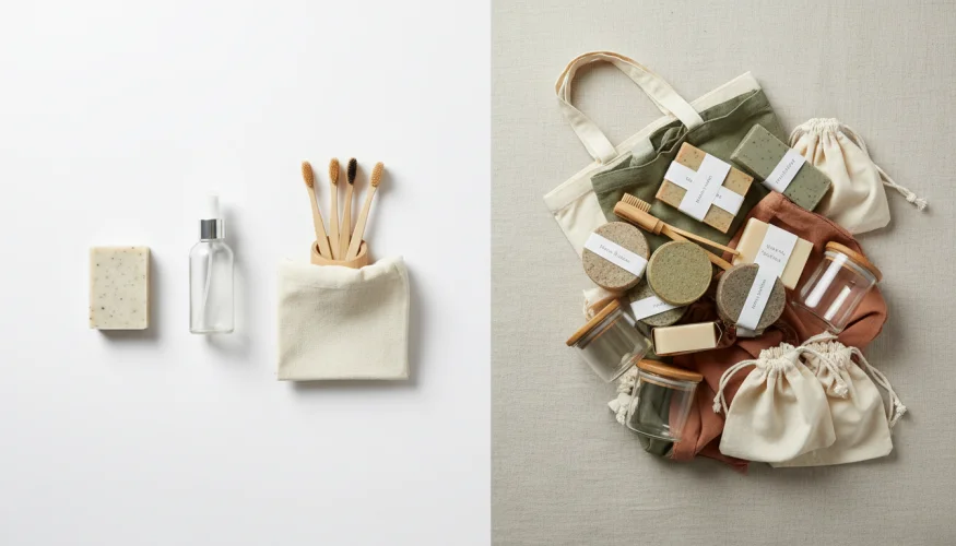 Collezione sovraffollata di prodotti ecologici a confronto con una selezione minimalista di oggetti veramente necessari