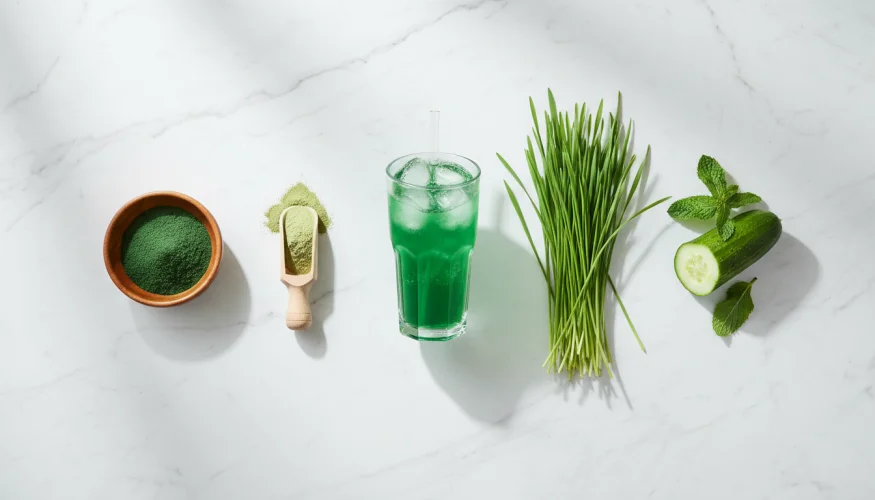 Flat-lay di prodotti per bevande verdi – clorofilla liquida, spirulina ed erba d'orzo su un piano in marmo