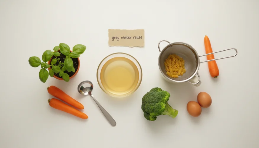 Flat-lay of cooking water reuse tools: glass bowl with vegetable water, potted herbs, fresh vegetables and a ceramic mug