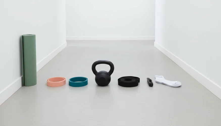 Flat-lay of compact home workout equipment including a yoga mat, resistance bands, and kettlebell arranged on a hallway floor