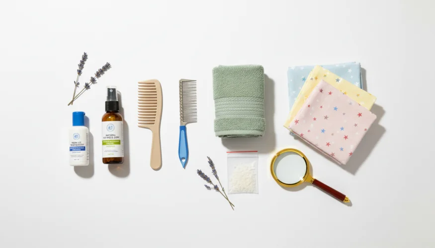 Flat-lay of head lice treatment tools including fine-tooth combs, dimethicone lotion, tea tree spray, magnifying glass and clean pillowcases