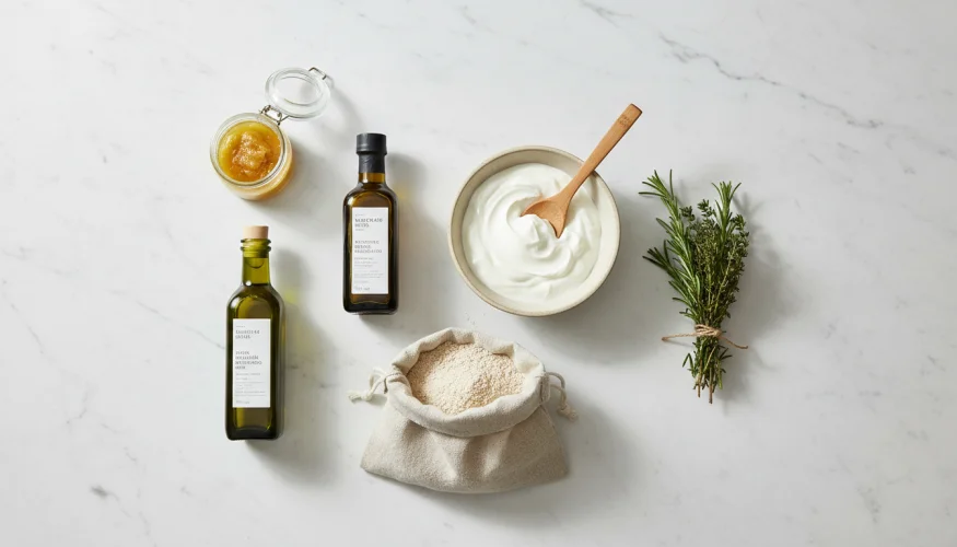Flat-lay of healthy cooking ingredients including ghee, olive oil, Greek yogurt, spelt flour and fresh herbs