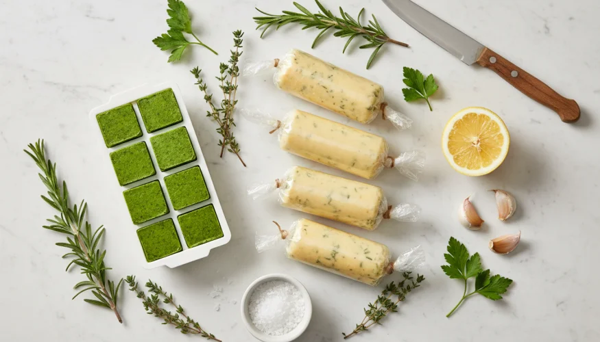 Rollitos y cubitos de mantequilla de hierbas con hierbas frescas, ajo y limón sobre una superficie de mármol