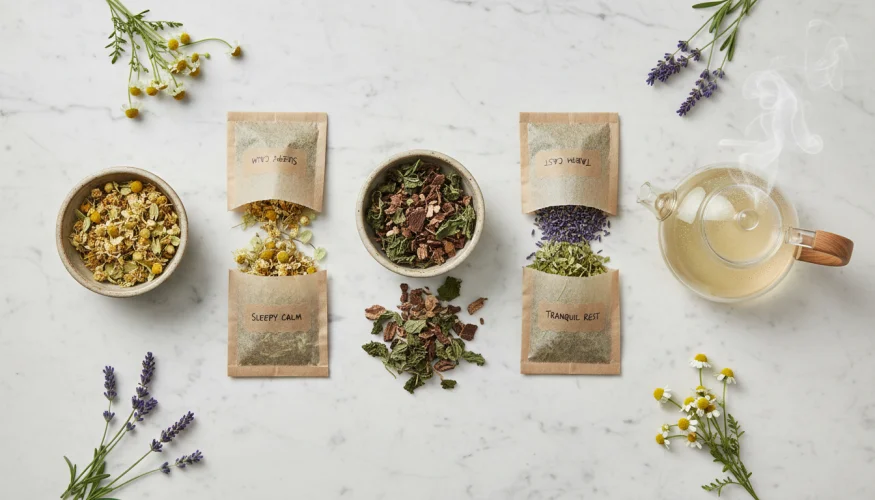 Flat-lay of three herbal tea blends with chamomile, valerian, lavender and lemon balm in ceramic bowls beside a glass teapot
