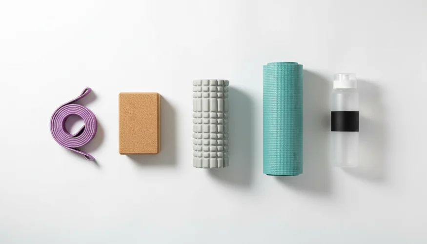 Foam roller, resistance band, yoga block and mat arranged as hip mobility tools