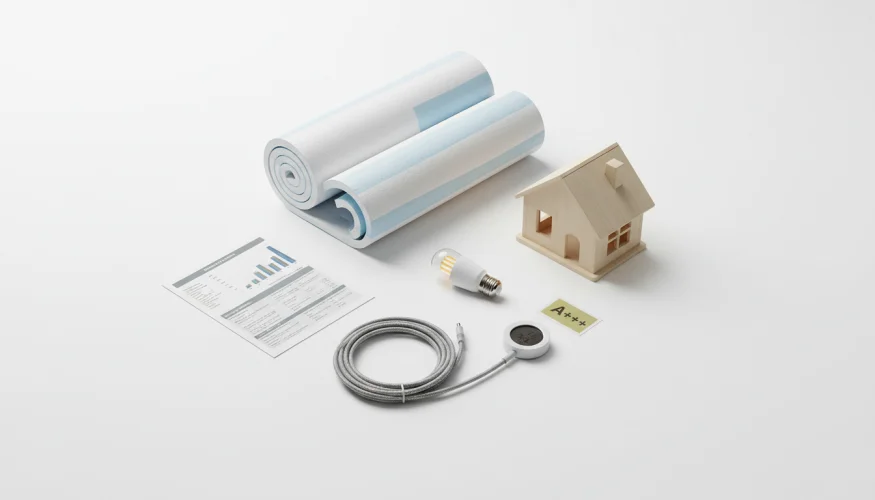 Flat-lay srovnání LED žárovky s izolačním materiálem, energetickým auditem a termostatem jako symbolem komplexní energetické úspory domácnosti