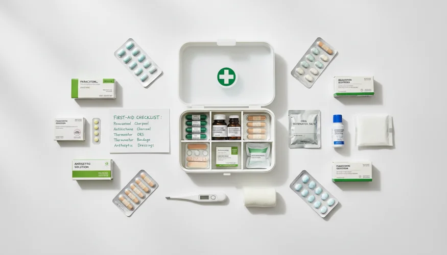 Cassetta dei medicinali domestica ordinata con farmaci e materiale per medicazioni