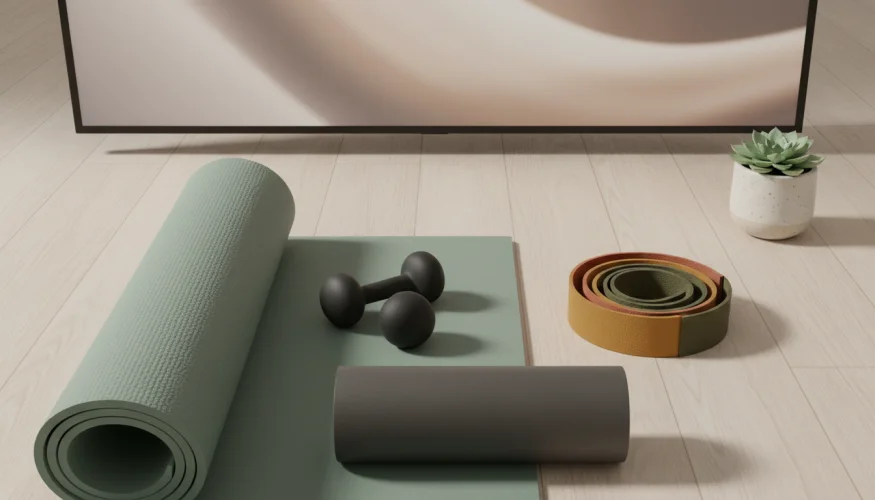 Podložka na cvičení, jednoručky, odporové gumy a foam roller připravené před televizí