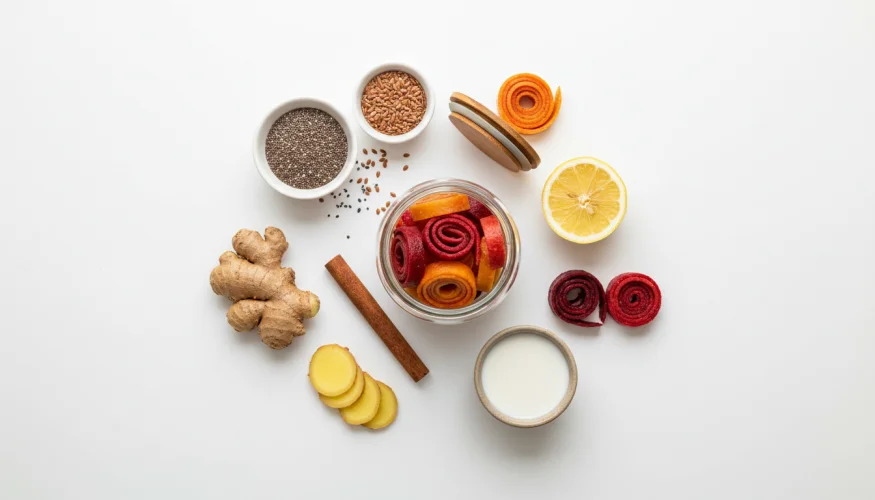 Frutas em couro caseiras num frasco de vidro com sementes de chia, canela e gengibre
