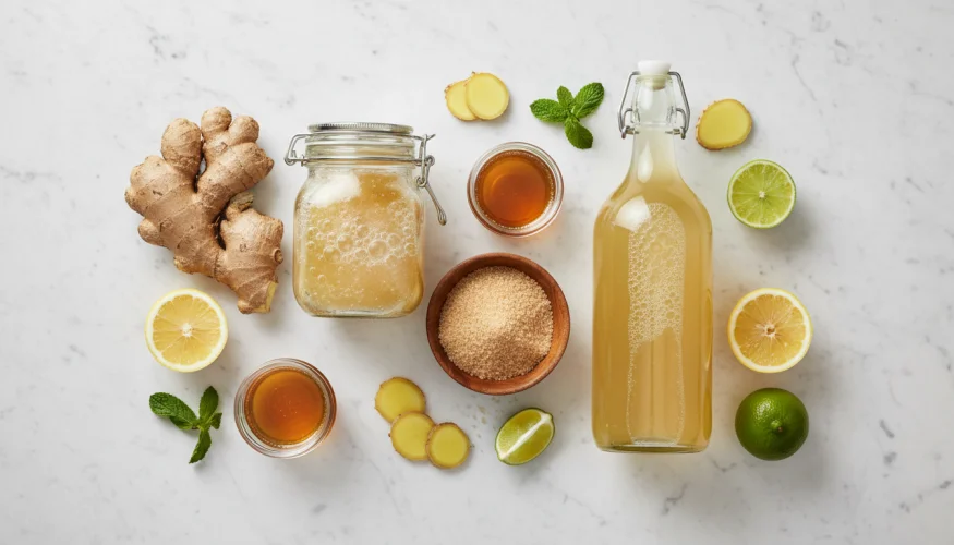 Ingredienti per la birra allo zenzero analcolica fatta in casa – zenzero, miele, agrumi e una bottiglia di vetro con la bevanda