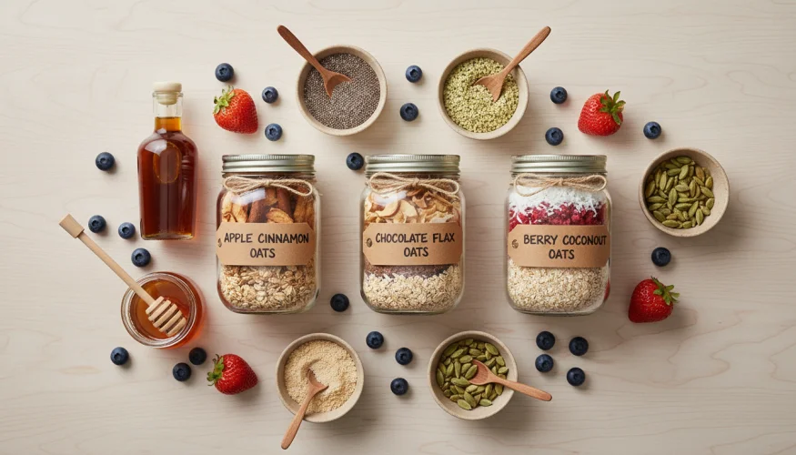 Tarros con avena instantánea casera e ingredientes sobre una superficie blanca