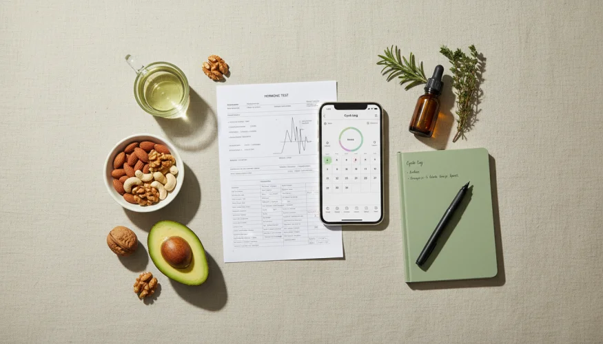Flat-lay of cycle tracking tools, healthy fats and hormone test results on a linen background