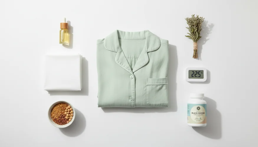 Flat-lay of natural sleep and hormone-balance products including cotton pajamas, sage oil, bamboo sheets, and herbal supplements