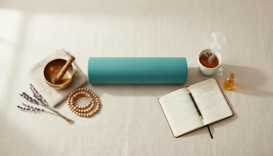 Flat-lay with a yoga mat, herbal tea, journal and wellness accessories for hormonal yoga practice