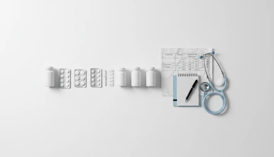 Flat-lay of medication packs, pill bottles, a hormone blood test report, notepad and stethoscope on white background