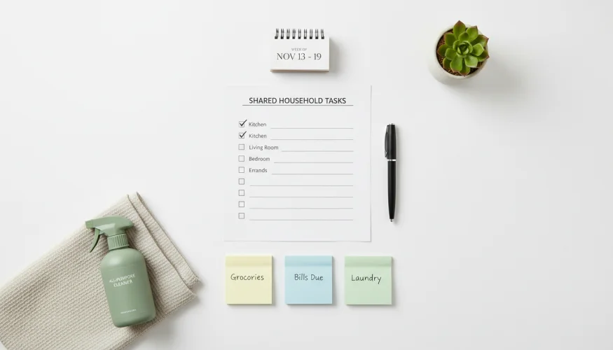 Flat-lay of a household chore checklist, planner, eco cleaning products and pen on a white surface