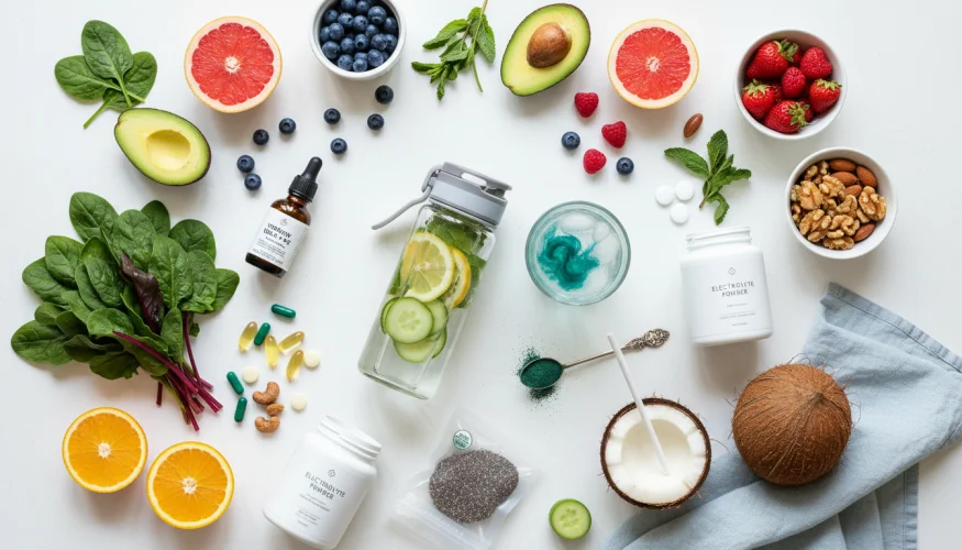 Glas water, vitaminesupplementen, natuurlijke balsem en voedingsmiddelen rijk aan vitamines B, C en zink