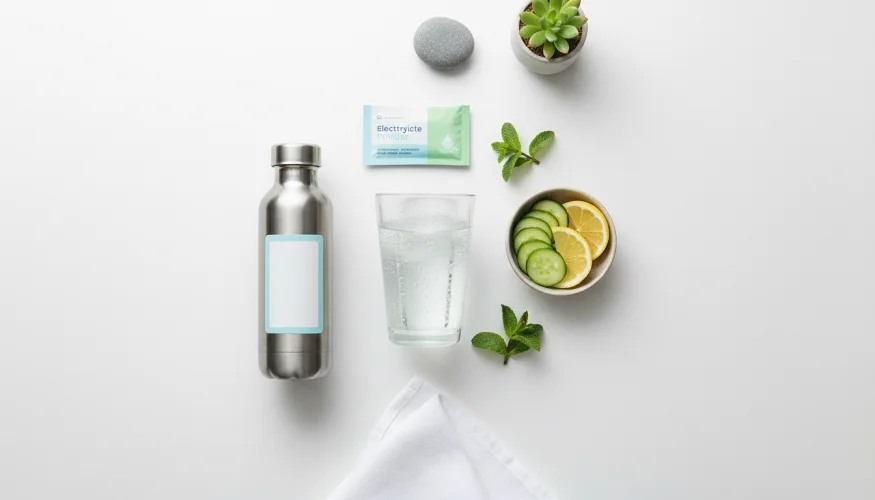 Copo de água, garrafa, pepinos, limão e eletrólitos – flatlay para hidratação