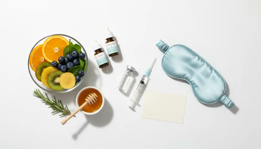 Flat-lay of immune-boosting foods, supplements, and a vaccine vial for shingles prevention