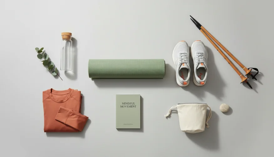 Flat-lay of eco-friendly movement accessories including yoga mat, trail shoes, Nordic walking poles and chalk bag