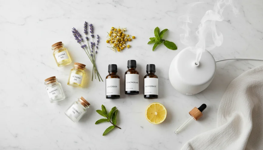 Essential oils, a diffuser and natural ingredients on a marble surface