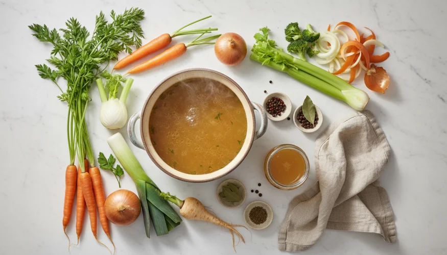 Flat-lay of a ceramic pot with vegetable broth surrounded by fresh vegetables and peelings on a marble surface
