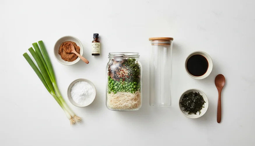 Frasco de vidro com camadas de ingredientes para sopa instantânea caseira numa caneca, rodeado de ingredientes como pasta de miso, cogumelos secos e macarrão de arroz