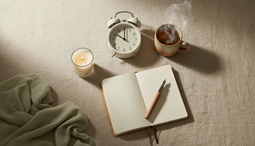 Ritual matutino sin teléfono: despertador analógico, té, diario y vela
