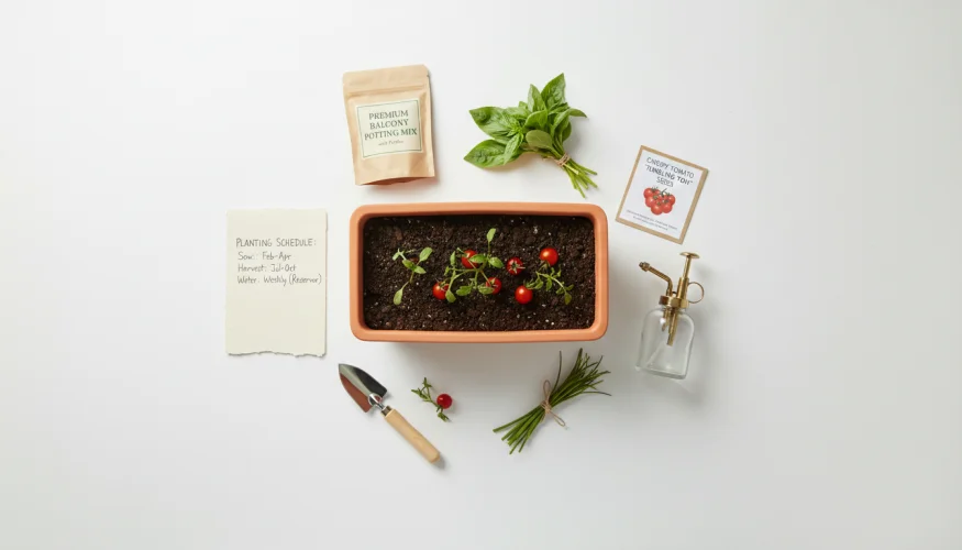 Jardinera autorriego con tomates cherry y utensilios de jardinería sobre una superficie blanca