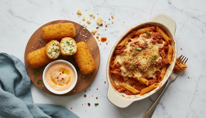 Pasta al forno e crocchette di riso da avanzi di cucina su una superficie in marmo