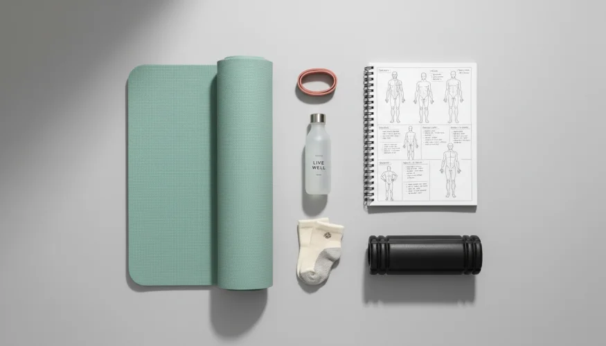 Pilates essentials flat-lay with mat, resistance band, grip socks and journal