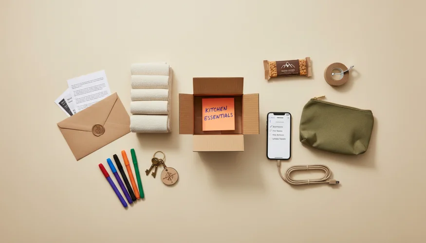 Eco-friendly moving preparation kit flat-lay with labeled cardboard box, linen packing materials, documents, keys, and essentials