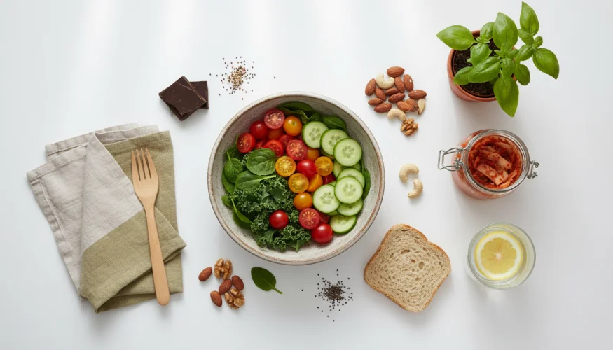 Flat-lay zátiší s čerstvou zeleninou, celozrnnými potravinami a fermentovanými produkty symbolizující vědomé stravování
