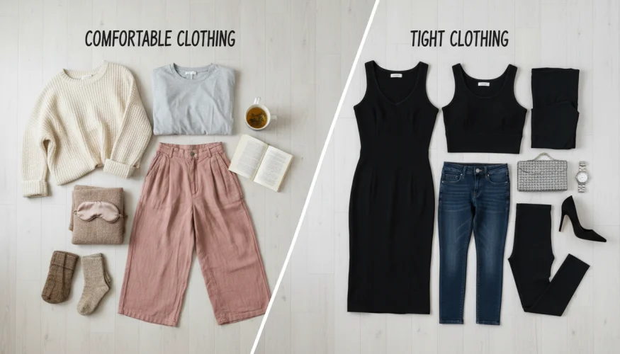 Confronto tra jeans stretti e abbigliamento comodo in lino in una fotografia di prodotto