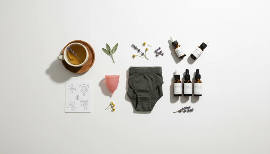 Flat-lay of eco-friendly women's health products including menstrual cup, period underwear, natural cosmetics and herbal tea