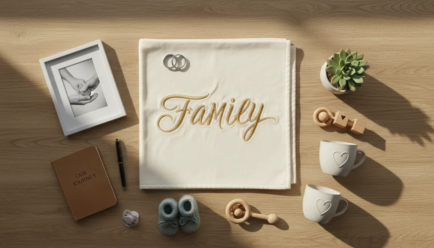 Flat-lay of couple's everyday items symbolizing partnership during parenthood