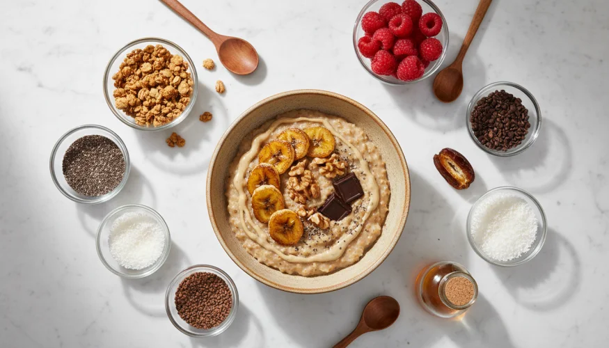 Porridge di grano saraceno in una ciotola con vari topping come banana, noci, tahini e cioccolato fondente
