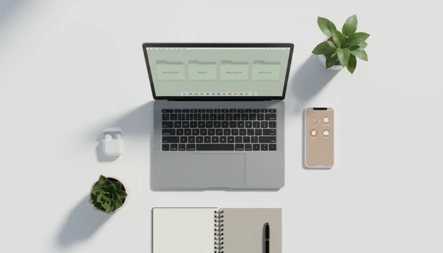 Übersichtliches Flat-Lay mit Laptop, Smartphone und minimalistischen Arbeitszubehören als Symbol für digitale Ordnung