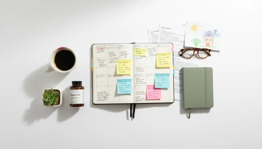 Flat-lay of a planner, coffee mug, supplements and personal items representing the daily overload of the superwoman syndrome