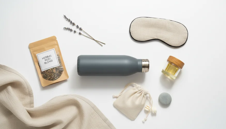 Flat-lay of wellness products for pregnant women on shift work: stainless steel water bottle, natural body oil, sleep mask, earplugs, and herbal tea