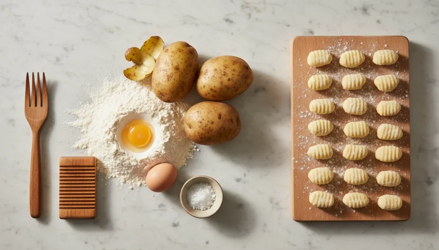 Flat-lay of leftover potatoes, flour, egg and freshly shaped gnocchi on a marble surface