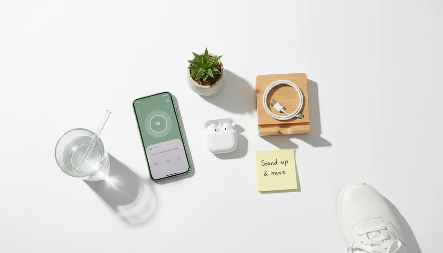 Flat-lay of wireless headset, smartphone, trainers and wellness accessories representing active phone calls