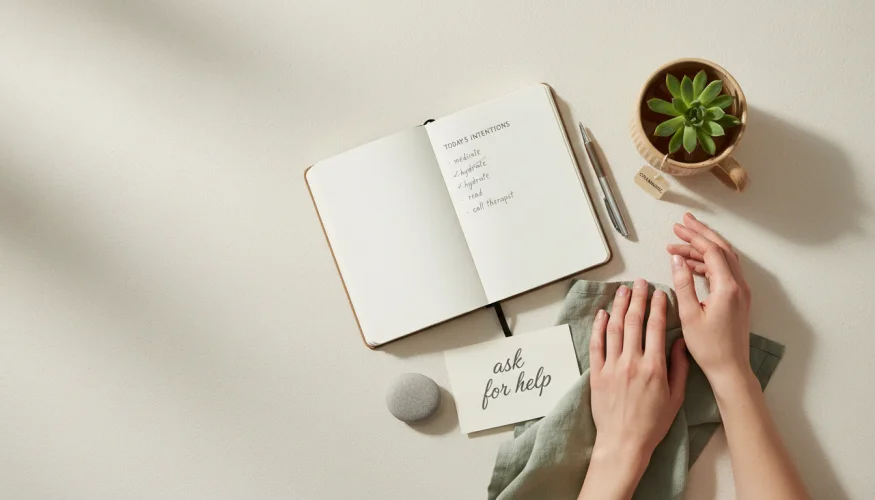 Composição flat-lay com diário, chá de ervas e uma pedra simbolizando o autocuidado e a coragem de pedir ajuda